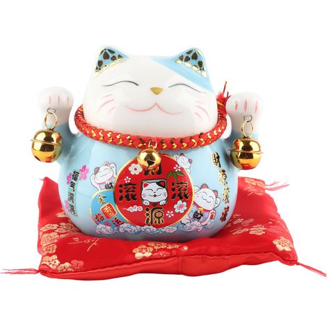 Tirelire Chat Porte-Bonheur 11,5cm Bleu Céramique Délicate Mignonne Chance Souhait Heureux Décoration Bureau Pot Économie (1/5)