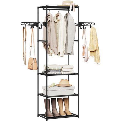 Armoire Ouverte WOLTU, Portant à Vêtements Autoportant 3-en-1 avec 3 Étagères, 8 Crochets, Cadre en Métal, Noir, 53,5x35,5x171cm (1/5)