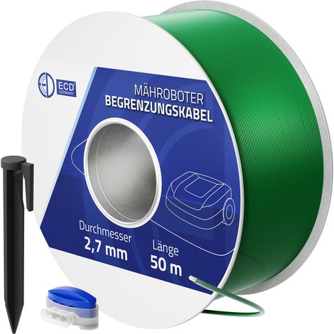 ECD Germany 50m Universal Begrenzungskabel für Mähroboter + 200 Erdnägel + 12 Kabelverbinder, Kupfer verzinnt, Begrenzungsdraht für Rasenmäher Rasenroboter, Kompatibel mit Gardena Bosch Husqvarna Worx
