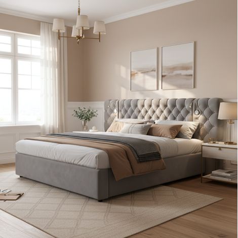 DESVIAE Lit coffre rembourré 180 x 200 cm avec rangement hydraulique tête de lit large en velours gris avec liseuse sommier à lattes en bois (1/5)