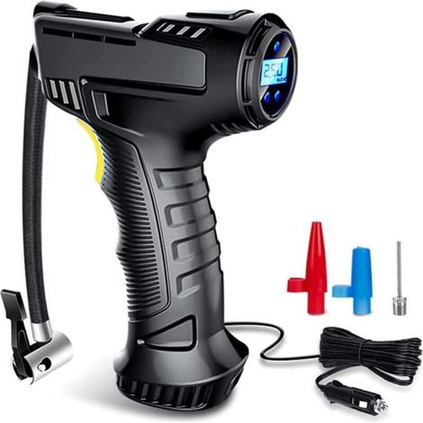 Compresseur d'air portatif 12V Pression max 120 PSI Débit 27L/min Lumière LED intégrée 3 adaptateurs pour pneus, ballons et vélos (1/5)