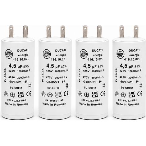 Condensateurs pour réparation de moteur de volet roulant SOMFY, SIMU - Condensateur cylindriques à 2 cosses Faston 2,8 - spécial remplacement - pour moteur de volet. - 4,5 uF - Lot de 4