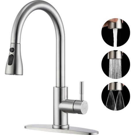 Robinet de cuisine (avec douchette extractible) - Acier inoxydable - Diamètre du trou de fixation : 3,2-3,8 mm (1/5)