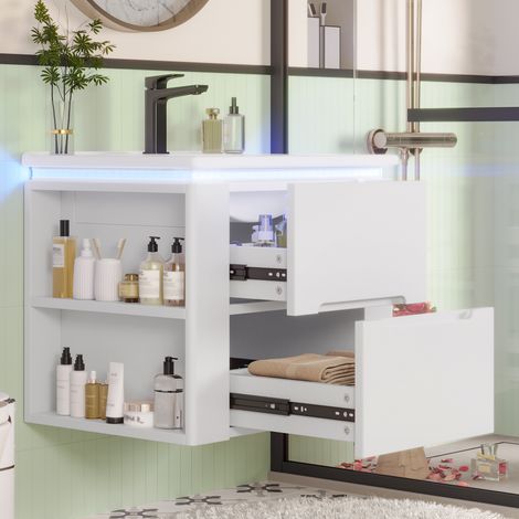 Meuble vasque suspendu salle de bain 61x46x48.5cm, blanc laqué intégral, LED avec détecteur radar, 2 tiroirs à fermeture silencieuse, étagères latérales, lavabo inclus