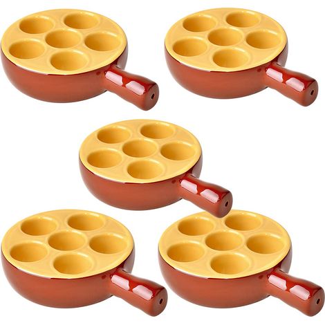 Lot de 5 poêlons à escargots 6 Trous en porcelaine plat cuisson pour escargots avec poignée ,passe au four et lave-vaisselle - 12 x 3,5 cm (1/4)