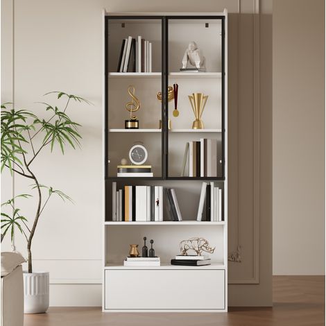 MEUBLIV Vitrine 80x34x180 cm weiß – Stauraum mit LED, 1 Schublade und Glastüren (1/5)