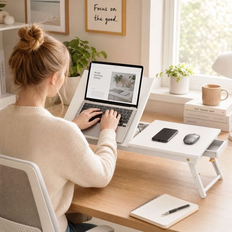 Table de lit pliable réglable, plateau bambou inclinable 83.5x33x34 cm blanc. Confort et praticité pour vos moments de détente et de travail au lit. (1/5)