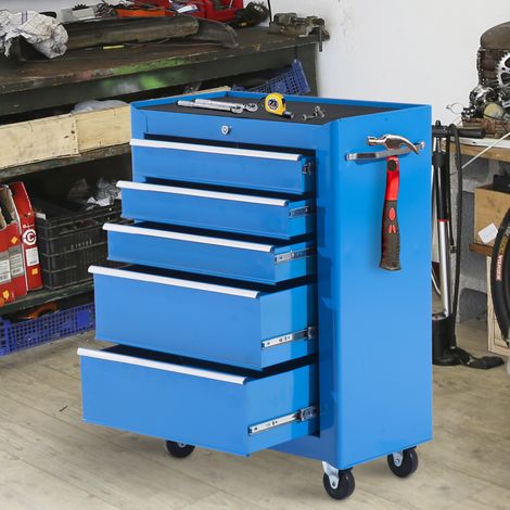 Chariot à outils sur roulettes, Servante d'atelier en acier 5 tiroirs verrouillable 2 clés, 61,5 x 33 x 82,5 cm, bleu (1/5)