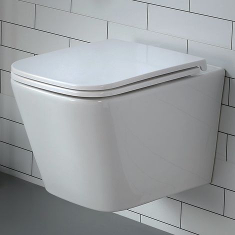Toilettes murales sans rebord - WC suspendu avec abattant de WC avec système d'abaissement automatique – WC mural pour invités – Cuvette de toilette en céramique avec fermeture amortie Softclose (1/5)