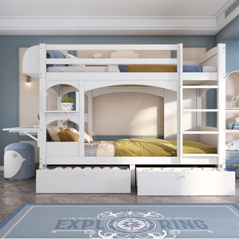 DESVIAE Lit superposé enfant avec bureau rabattable étagère et 2 tiroirs en bois massif 90 x 200 cm blanc (1/5)
