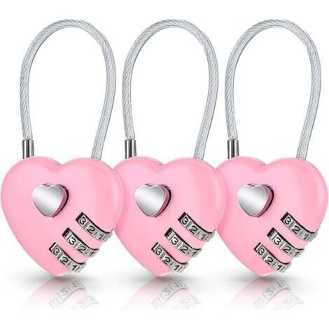 Lot de 3 cadenas à combinaison en forme de cœur rose pour valise, joli cadenas à code en forme de cœur, petit cadenas étanche pour sacs de voyage, sacs à dos (code original : 0-0-0) (1/4)