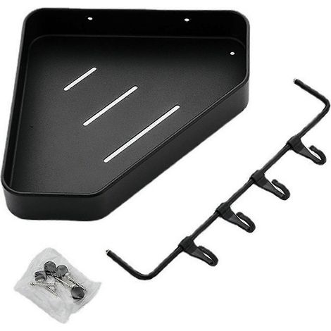 Étagère d'angle de rangement pour salle de bain, antirouille, auto-drainante, fixée au mur, avec barre de suspension et crochets. Élégante couleur noire. (1/5)