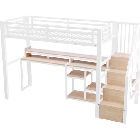 Letto a soppalco 90 x 200 cm in metallo e MDF bianco con scala, ripiano, USB Type-C e striscia LED (1/5)