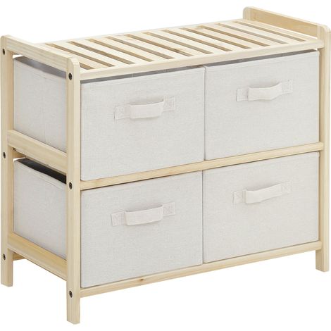 Cassettiera in tessuto, mobile contenitore con 4 cassetti pieghevoli in tessuto di lino, stile elegante per camera da letto, ufficio, soggiorno, 59 x 28 x 50 cm, legno naturale, beige