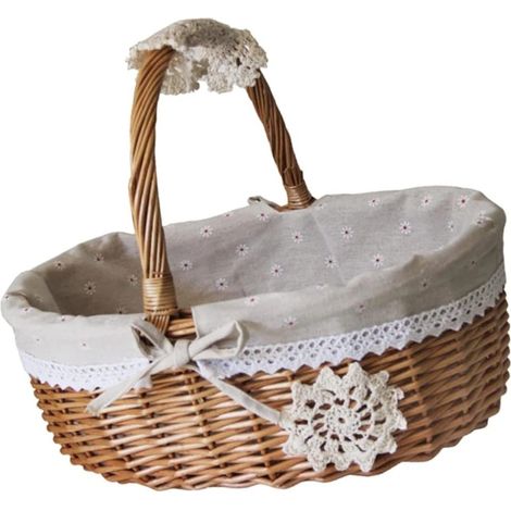 Grand panier à linge rustique en osier avec dentelle en lin, étagère de rangement pour la maison (1/5)