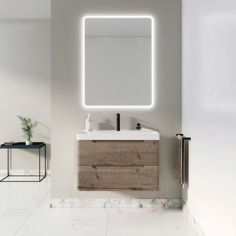 Mueble de baño 80 cm 2 cajones Roble Oscuro - Lavabo de Cerámica Blanca