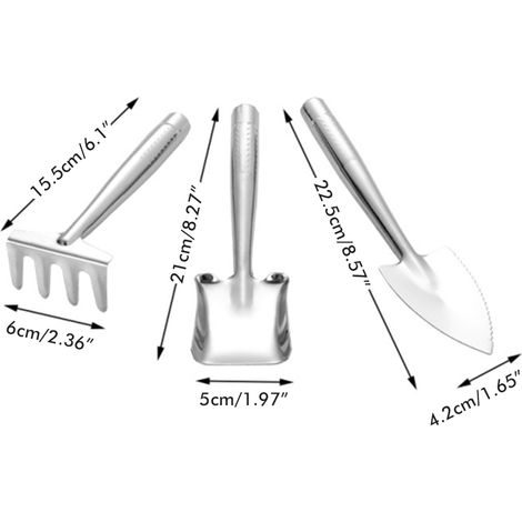 Set aus 3 Mini-Edelstahl-Pflanzkellen, bestehend aus einer Unkrautgabel und einer Umpflanzkelle. (1/5)
