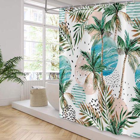 Rideau de douche tropical, style bohème abstrait, palmiers tropicaux, feuille de cocotier, rideau de salle de bain pour baignoire d'été, décoration d'intérieur, tissu imperméable, lavable en (1/5)