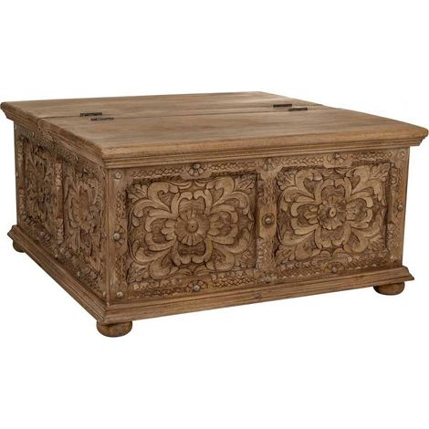table basse coffre artisanal bois sculpté brun - bois naturel sculpté brun chaleureux (1/5)
