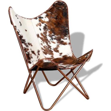 Chaise papillon en cuir véritable, design rétro scandinave, assise confortable avec dossier ergonomique – Blanc et Brun (1/5)