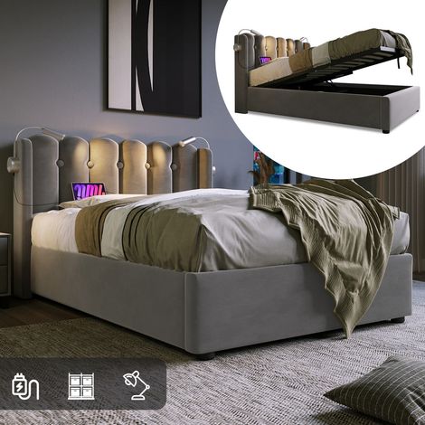 Lit simple 90 x 200 cm en velours gris avec tête de lit lumineuse, ports de charge usb et coffre de rangement (1/5)