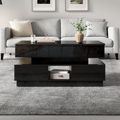 Couchtisch MDF Schwarz 90 cm, höhenverstellbare Tischplatte, Steckdose, LED und Stauraum