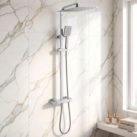 Auralum Max Columna Ducha con Rociador Ducha 30x30cm Cuadrado Acero Inoxidable 304 y Grifo Ducha Termostatico de Latón, Columna Altura Adjustable entre 80-124cm, Compatible con Orificios Existentes, C (1/5)