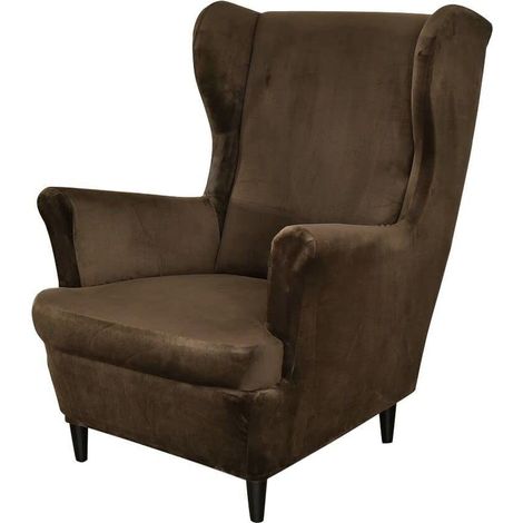 2-teilige Stretch-Ohrensesselbezüge, weiche Samt-Ohrensesselbezüge mit elastischem Saum für Schlafzimmer, Wohnzimmer, Plüschsessel, Sofa，Braun