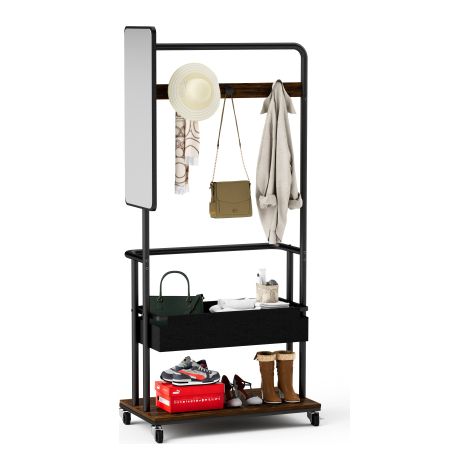 Stabile Metallgarderobe auf Rollen – 3-in-1-Design mit Korb und Spiegel – Mobiler Kleiderschrank – Kleiderständer mit viel Stauraum – Vintage-Braun – 70 x 40 x 170 cm