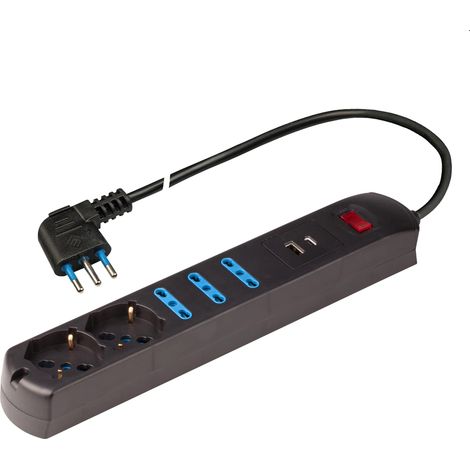 Presa multipla 250V - 3 prese grandi + 2 pluristandard - 1,5 metri Nero (1/4)