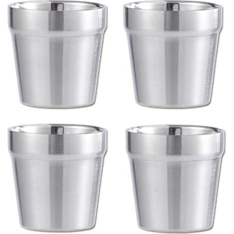 Lot de 4 gobelets empilables en acier inoxydable, 300 ml, à double paroi, isolés, pour les voyages, le plein air et le camping (argenté). (1/5)