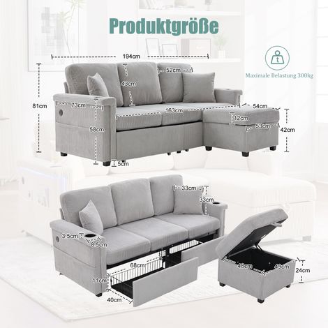 Canapé haut de gamme en velours avec éclairage LED et port USB-C, pouf de rangement inclus, porte-gobelets pratiques et poches latérales – qualité premium pour salon, chambre ou bureau, gris clair (1/5)