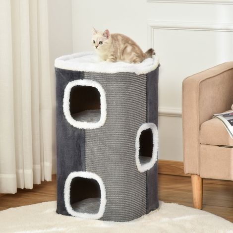 Arbre à chat tonneau à griffer 3 niveaux, 40 x 40 x 74 cm, en polyester, sisal, gris et blanc HAVRYA (1/5)