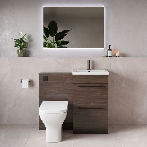 Napoli 390 Brown Oak 1000mm 2 Drawer Vanity Unit Toilet Suite with Glide Basin - 1000mm - Matt Black 320mm HandleWith Kingston Toilet Pan and Seat