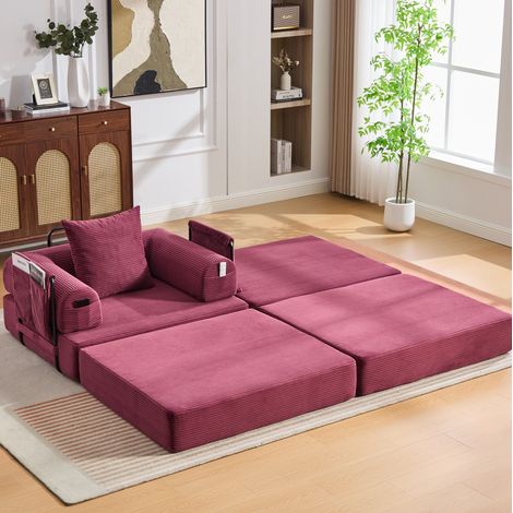 Divano modulare in velluto a coste rosso vino con pouf, 112x190x67 cm, senza montaggio (1/5)