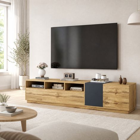Mobile TV 200x45x45 cm, 3 vani e porte, nero/grigio/legno, pannelli in legno FloraGrace (1/5)