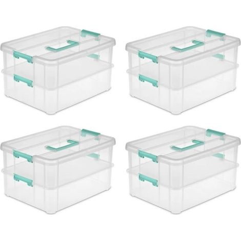 Boîte de rangement empilable à 2 niveaux avec poignée, petit conteneur de rangement en plastique transparent avec couvercle