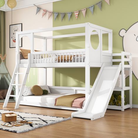 Lit superposé multifonctionnel pour enfant - avec échelle et toboggan - 2x90x200cm - en bois massif - Blanc (1/5)