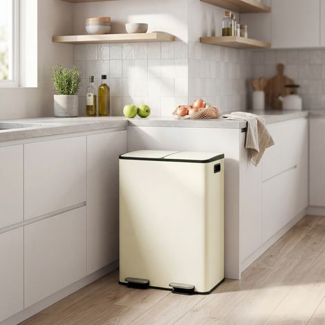 Poubelle de Cuisine, 2 x 30 Litres, 2 Compartiments, Poubelle à Pédale, Couvercle à Fermeture Douce, Acier, Crème