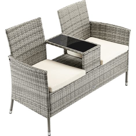 Panca da Giardino con Tavolino Integrato 123x54x 82,5 cm in Polyrattan e Vetro Grigio (1/4)