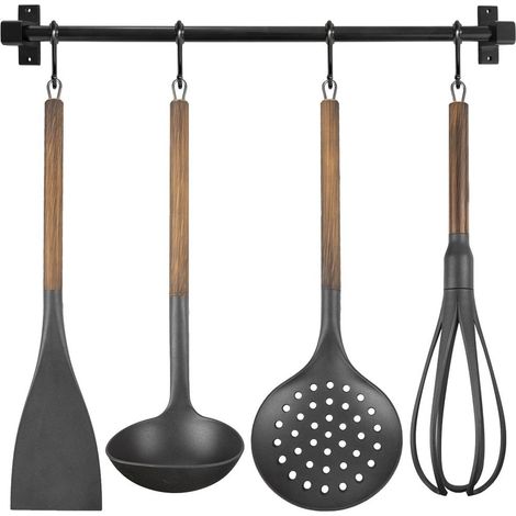 Ringhiera da cucina con utensili da cucina, metallo, nero, 5 pezzi. (1/5)