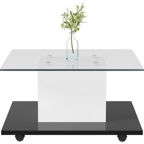 Table basse en verre laqué brillante mobile avec roulettes pivotantes