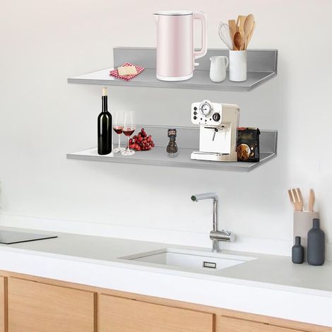 Lot de 2 Étagères Murales en Inox, Tablettes Flottantes Cuisine, Charge 18 kg, Finition Brossée, L76,2 × P21,8 × H8,5 cm, Pour Couverts, Épices, Légumes (1/5)