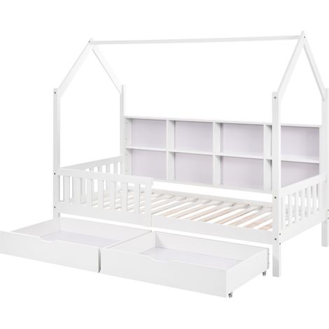 Letto a casetta per bambini 90x200 in pino bianco con mensola e 2 grandi cassetti MODENUIT (1/5)