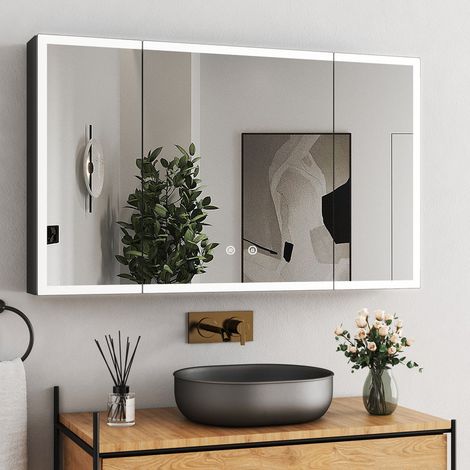 3 Türen Spiegelschrank mit Beleuchtung 100 x 60 cm, Bad-Hängeschränke Spiegelschrank Bad mit Beleuchtung Badezimmer Spiegelschrank mit Touch-Schalter, 3 Einstellbare Lichtfarben, Beschlagfrei, Schwarz (1/5)