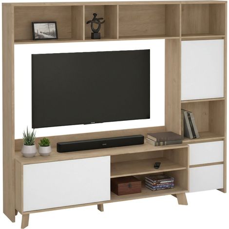 Dmora - Mobile porta TV Nanette, Credenza da soggiorno, Armadio basso per TV, Base parete attrezzata, 209x48 h183 cm, Rovere e Bianco lucido