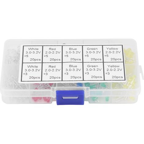 Kit de 200 diodes LED assorties (3 mm, 5 mm, rouge, jaune, blanc, vert, bleu) (1/5)