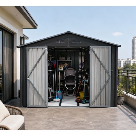 Metall-Gartenschuppen 10x8 ft mit Spitzdach in Grau als Außenlager. Der Schuppen ist mit einem integrierten Bodenrahmen ausgestattet. Grundfläche: 7,46 m². (1/5)