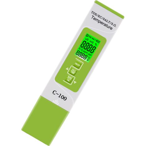 Medidor digital 5 en 1 para TDS/EC/SALT/SG/temperatura para piscinas, agua potable y acuarios con retroiluminación (batería no incluida). (1/4)