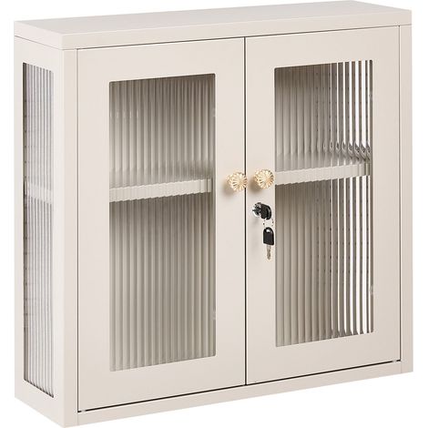 Wall Cabinet Beige Steel 60 x 18 x 57 cm Metal 2 Doors Glass Front and Sides Display HARLYN (1/5)